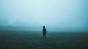 field, man, fog