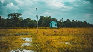 field, house, lake, twilight, grass, clouds