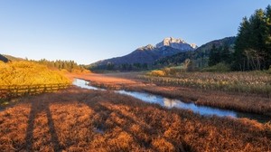 field, mountains, river, grass - wallpapers, picture