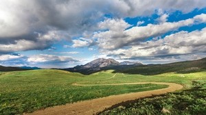 field, mountains, grass, clouds - wallpapers, picture