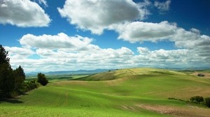 field, hills, clouds, landscape
