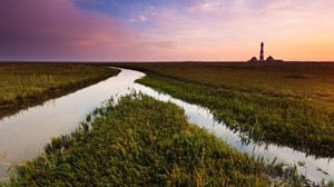 field, canal, water, irrigation, evening, grass, vegetation, lighthouse - wallpapers, picture