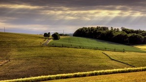 field, arable land, agriculture, hills, road, day - wallpapers, picture