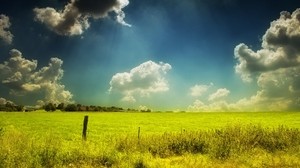 field, pasture, sky, clouds, day, summer, paints, colors - wallpapers, picture