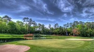 field, golf course, trees, landscape