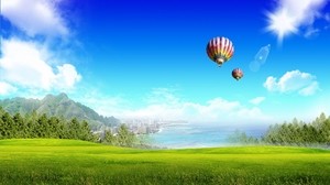 field, the sun, greens, balloons, light, glare, the city - wallpapers, picture