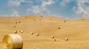 field, straw, bales, hills, landscape