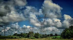 field, poles, wires, clouds, landscape - wallpapers, picture