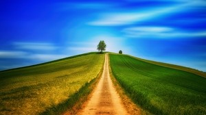 field, grass, summer, road, sky, hill - wallpapers, picture