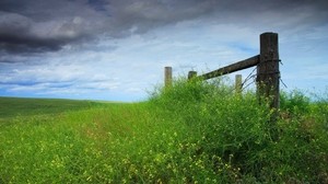 field, grass, fencing, the sky, cloudy, log - wallpapers, picture