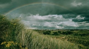 field, grass, rainbow, sky