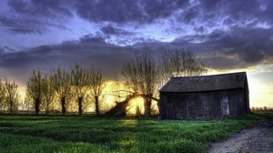 field, grass, evening, shed, hdr
