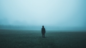field, fog, man, loneliness