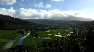 fields, water, agriculture, clouds, sky, mountains, height