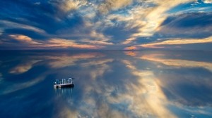 pontoon, raft, sea, horizon, sunset