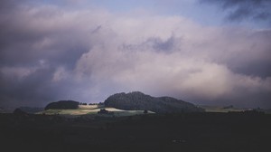 nature, mountains, field, trees, sky, clouds