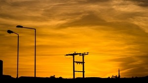 wires, poles, sunset