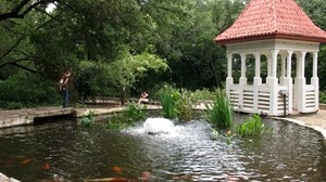pond, gazebo, fountain, fish, people