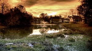 the pond, fountain, home, overcast, evening