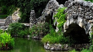 pond, bridge, vegetation, decoration, stones