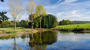 pond, lake, reflection, sky, autumn, sunny
