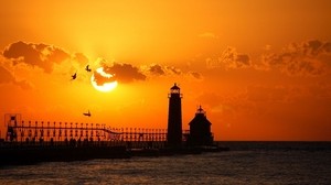 birds, sunset, lighthouse