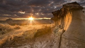 砂漠、日没、夕方、峡谷、石
