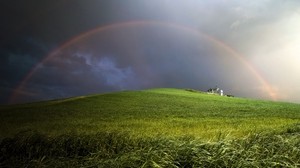 rainbow, field, meadow, hill, construction, cloudy - wallpapers, picture