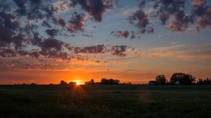 gryning, horisont, fält, moln, morgon, gräs, himmel