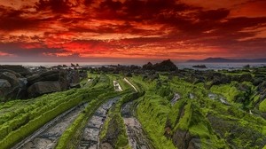 amanecer, rocas, cielo, costa