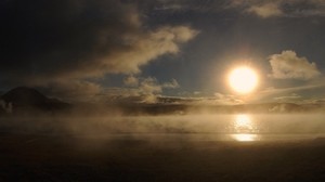 dawn, the sun, disk, fog, evaporation