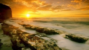 dawn, fog, stones, sea, sun, morning