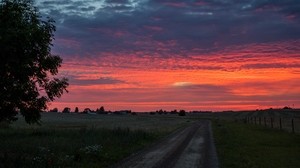 dawn, sunrise, horizon, road, clouds, morning, grass, sky