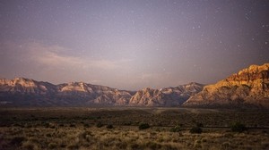 plain, mountains, landscape, dusk, stars, deserted