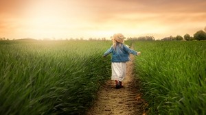 child, field, grass, path, walk
