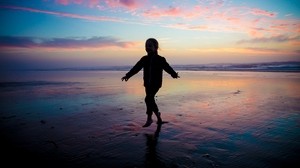 child, happiness, sea, sunset
