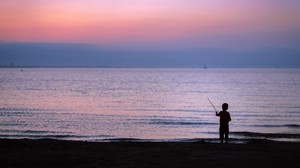 child, silhouette, sea, horizon, sunset - wallpapers, picture