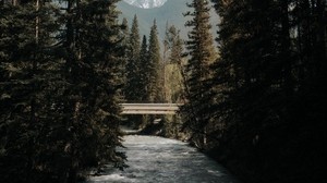 river, trees, bridge, mountains, nature