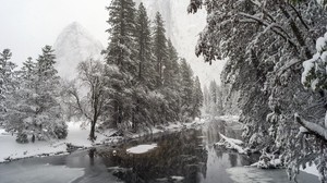 river, trees, snow, mountains, landscape, winter