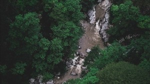 río, árboles, vista superior, piedras, curso