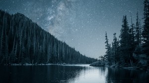 fiume, alberi, cielo stellato, notte, paesaggio