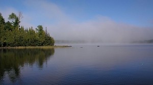 río, árboles, verano, cielo