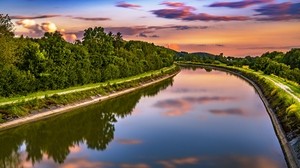 río, árboles, turno, puesta de sol