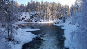 river, finland, ice, snow, trees, hoarfrost, stream