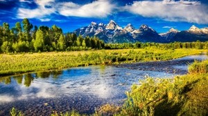 river, mountains, bottom, stones, bright, sky, trees, grass, contrast - wallpapers, picture