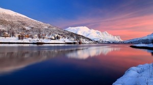 river, mountains, houses, sky, snow, blue, body of water, surface, surface, reflection, silence