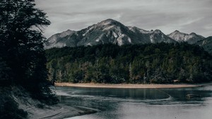 river, mountains, forest, shore, shallow water - wallpapers, picture