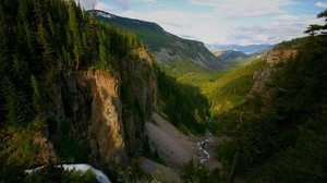 river, sources, stream, height, waterfall, mountains, rocks, open spaces, distance - wallpapers, picture