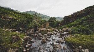 river, stones, course, mountains