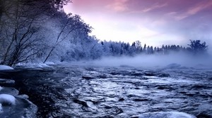 river, ice, trees, fog, flow, hoarfrost, water, winter - wallpapers, picture